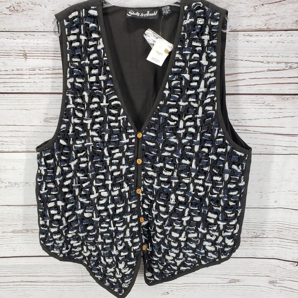 Shelly & Arnold Black Blue Weave 100%Cotton Vest Size 2X